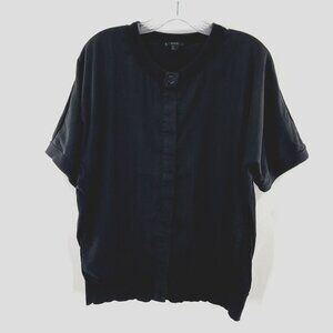 COS‎ Top Women Medium M Black Hidden Button Up Ribbed Hem Shirt Linen Blend